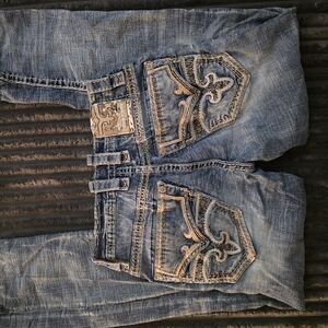Rock Revival Men's Slim Straight Blue Embroidered Pocket Jeans